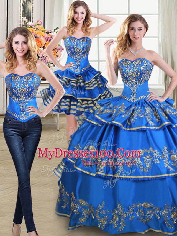 Deluxe Three Piece Taffeta Sleeveless Floor Length Quince Ball Gowns and Beading and Embroidery and Ruffled Layers