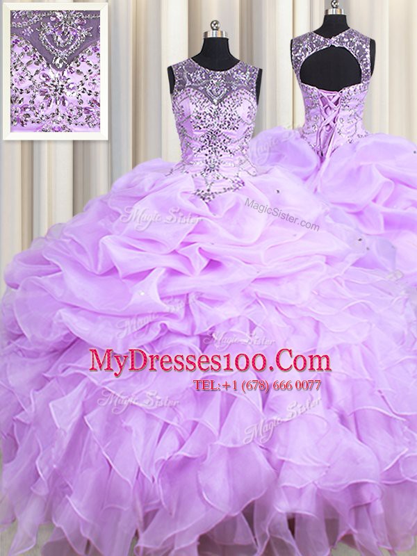 Scoop Lavender Sleeveless Floor Length Beading and Ruffles and Pick Ups Lace Up Quinceanera Dresses