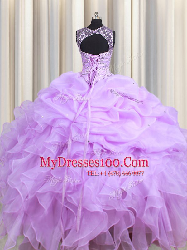 Scoop Lavender Sleeveless Floor Length Beading and Ruffles and Pick Ups Lace Up Quinceanera Dresses