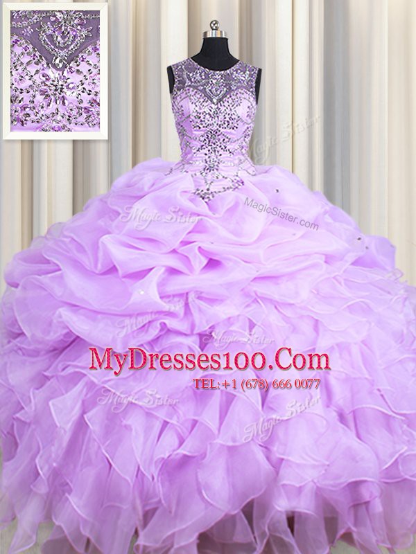 Scoop Lavender Sleeveless Floor Length Beading and Ruffles and Pick Ups Lace Up Quinceanera Dresses