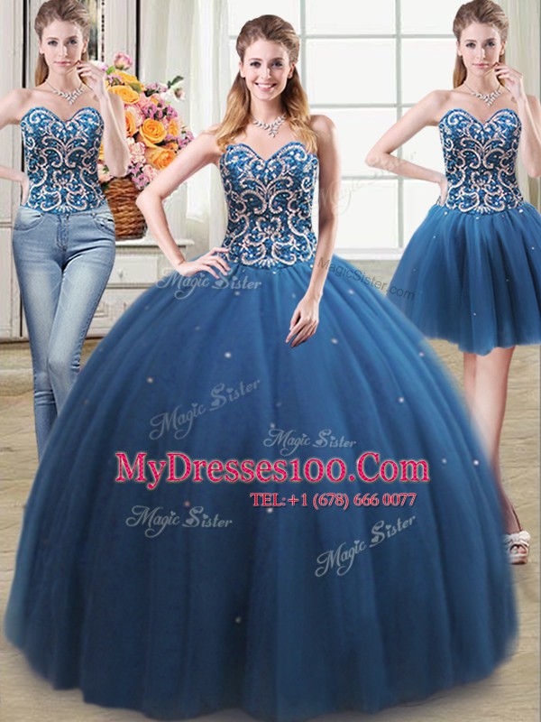 Three Piece Teal Tulle Lace Up Sweetheart Sleeveless Floor Length Ball Gown Prom Dress Beading