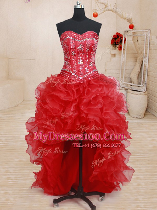 Super Four Piece Red Organza Lace Up Sweetheart Sleeveless Floor Length Quinceanera Gowns Beading and Ruffles