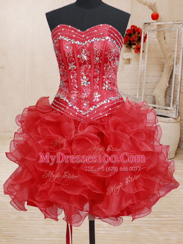 Super Four Piece Red Organza Lace Up Sweetheart Sleeveless Floor Length Quinceanera Gowns Beading and Ruffles