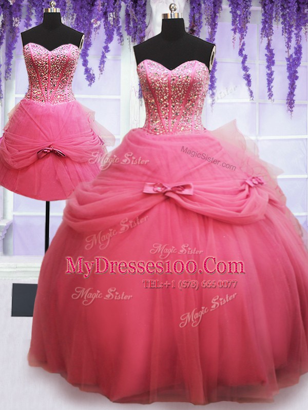 Perfect Three Piece Sweetheart Sleeveless Quinceanera Gown Floor Length Beading and Bowknot Rose Pink Tulle