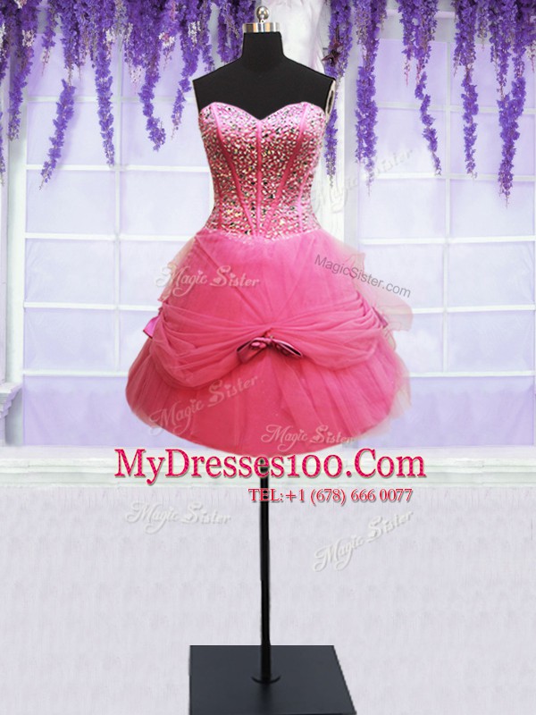 Perfect Three Piece Sweetheart Sleeveless Quinceanera Gown Floor Length Beading and Bowknot Rose Pink Tulle
