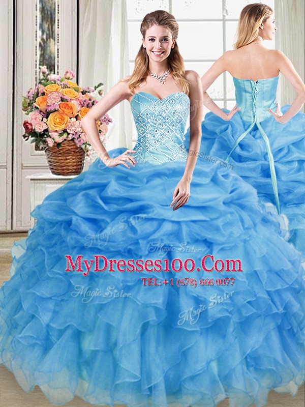 On Sale Pick Ups Blue Sleeveless Organza Lace Up Quince Ball Gowns for Military Ball and Sweet 16 and Quinceanera