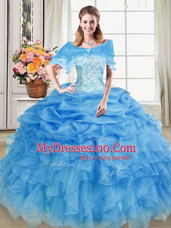 On Sale Pick Ups Blue Sleeveless Organza Lace Up Quince Ball Gowns for Military Ball and Sweet 16 and Quinceanera