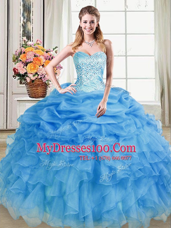 On Sale Pick Ups Blue Sleeveless Organza Lace Up Quince Ball Gowns for Military Ball and Sweet 16 and Quinceanera