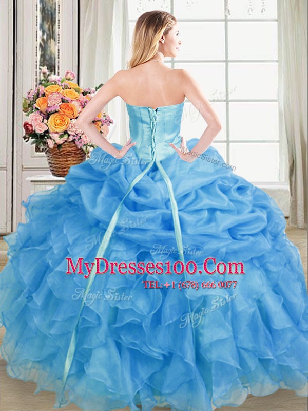 On Sale Pick Ups Blue Sleeveless Organza Lace Up Quince Ball Gowns for Military Ball and Sweet 16 and Quinceanera