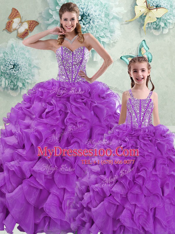 Dramatic Sweetheart Sleeveless Organza Quinceanera Dress Beading and Ruffles Brush Train Lace Up