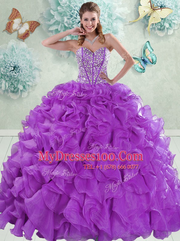 Dramatic Sweetheart Sleeveless Organza Quinceanera Dress Beading and Ruffles Brush Train Lace Up