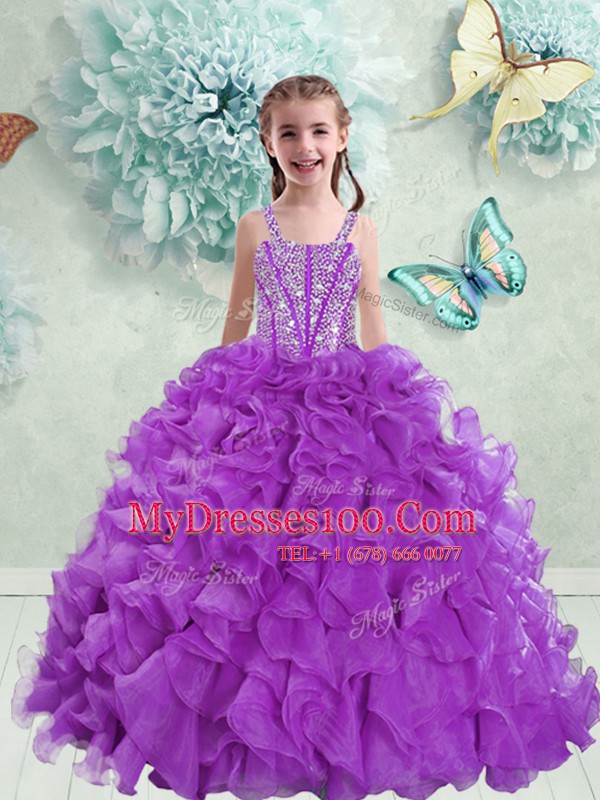 Dramatic Sweetheart Sleeveless Organza Quinceanera Dress Beading and Ruffles Brush Train Lace Up
