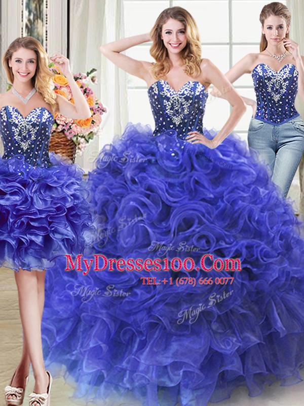Sumptuous Three Piece Sweetheart Sleeveless Lace Up 15th Birthday Dress Royal Blue Organza