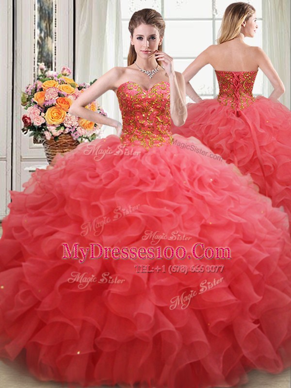 High Quality Coral Red Ball Gowns Organza Sweetheart Sleeveless Beading and Ruffles Floor Length Lace Up Vestidos de Quinceanera