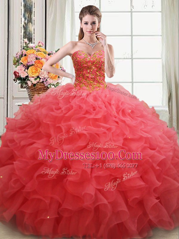 High Quality Coral Red Ball Gowns Organza Sweetheart Sleeveless Beading and Ruffles Floor Length Lace Up Vestidos de Quinceanera