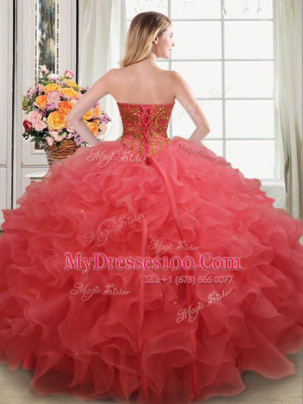 High Quality Coral Red Ball Gowns Organza Sweetheart Sleeveless Beading and Ruffles Floor Length Lace Up Vestidos de Quinceanera