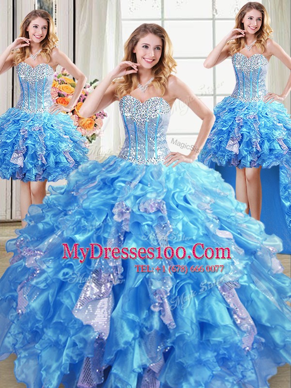 Popular Four Piece Sequins Floor Length Ball Gowns Sleeveless Baby Blue Ball Gown Prom Dress Lace Up