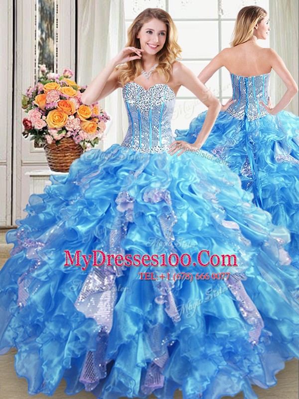 Popular Four Piece Sequins Floor Length Ball Gowns Sleeveless Baby Blue Ball Gown Prom Dress Lace Up