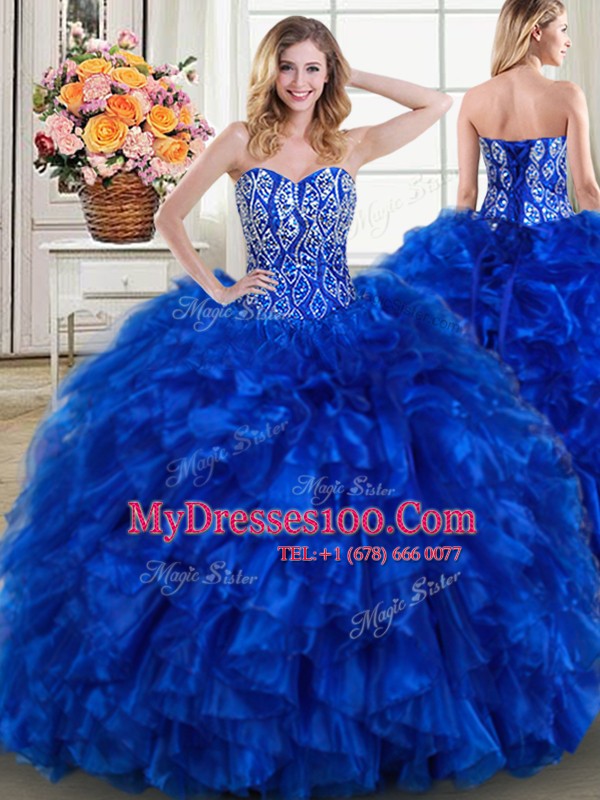 Royal Blue Sleeveless With Train Beading and Ruffles Lace Up Quince Ball Gowns