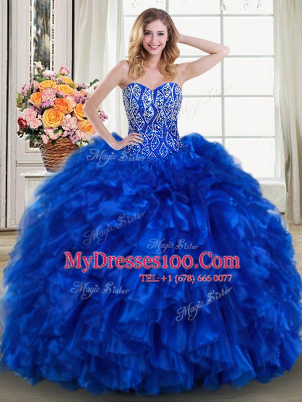Royal Blue Sleeveless With Train Beading and Ruffles Lace Up Quince Ball Gowns