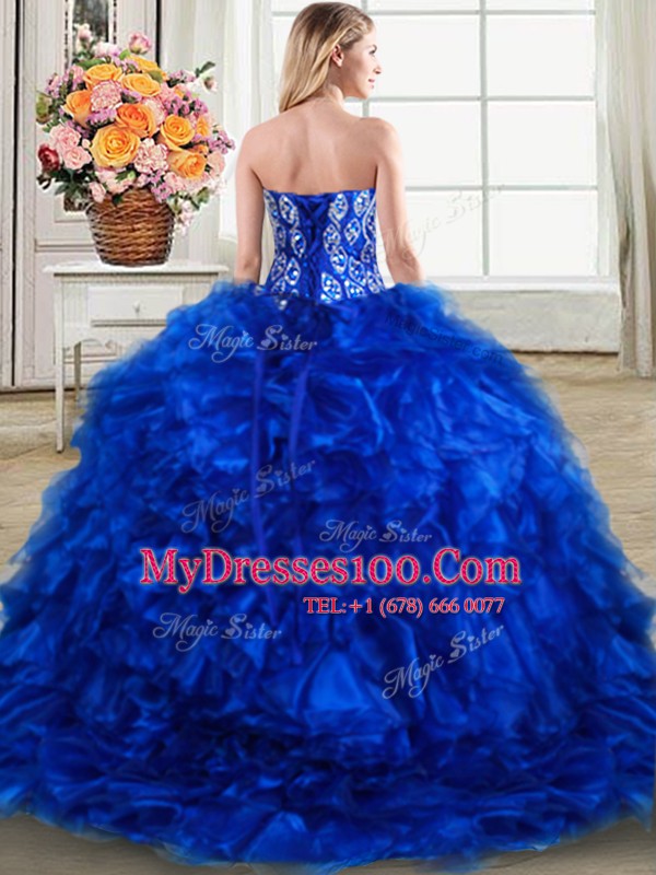 Royal Blue Sleeveless With Train Beading and Ruffles Lace Up Quince Ball Gowns