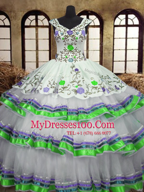 Straps White Ball Gowns Embroidery and Ruffled Layers Quinceanera Gowns Lace Up Organza and Taffeta Sleeveless Floor Length
