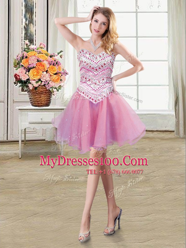 Romantic Four Piece Sleeveless Floor Length Beading Lace Up Sweet 16 Quinceanera Dress with Rose Pink