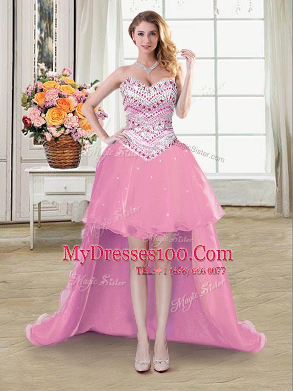 Romantic Four Piece Sleeveless Floor Length Beading Lace Up Sweet 16 Quinceanera Dress with Rose Pink