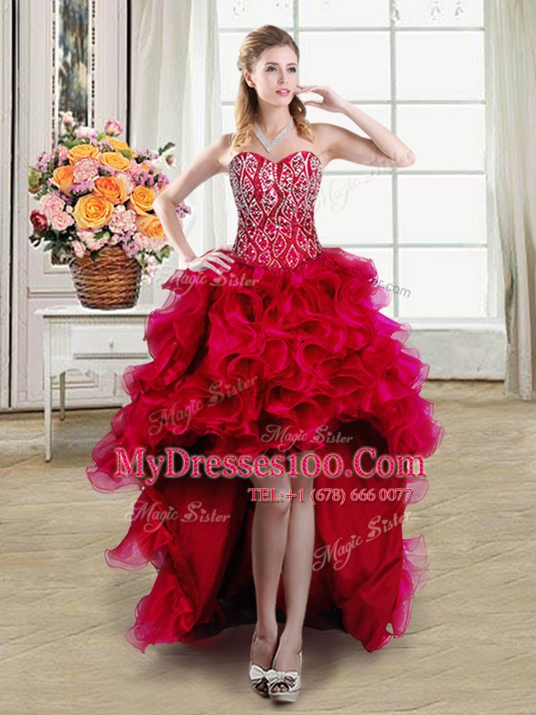 Four Piece Red Sleeveless Beading and Ruffles Lace Up Sweet 16 Dresses