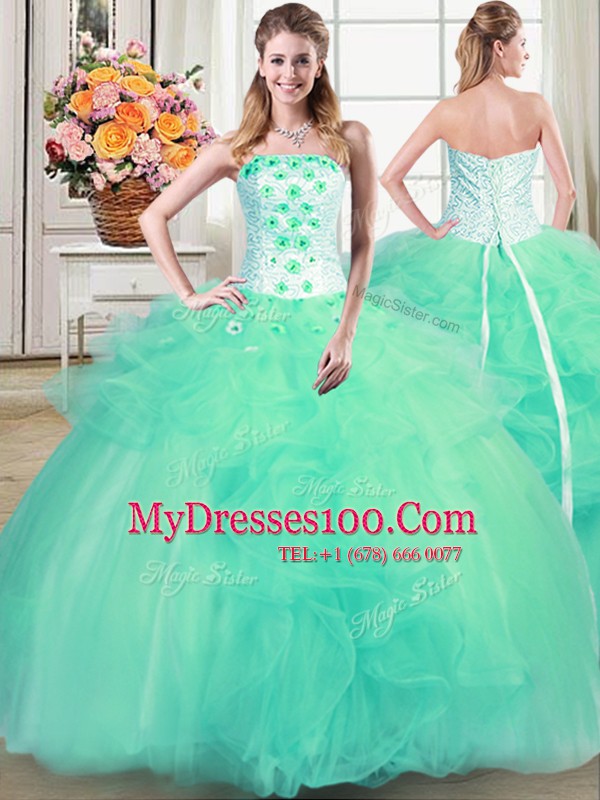Turquoise Sleeveless Tulle Lace Up Sweet 16 Dress for Military Ball and Sweet 16 and Quinceanera