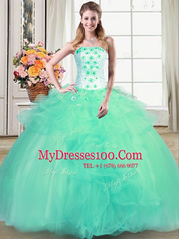 Turquoise Sleeveless Tulle Lace Up Sweet 16 Dress for Military Ball and Sweet 16 and Quinceanera