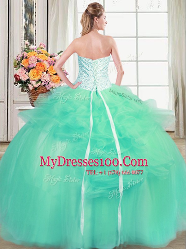 Turquoise Sleeveless Tulle Lace Up Sweet 16 Dress for Military Ball and Sweet 16 and Quinceanera