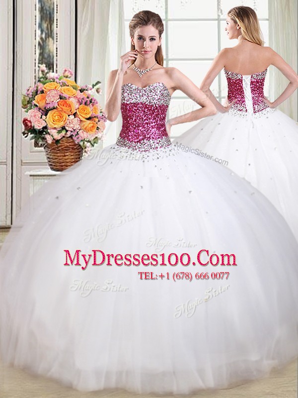 Tulle Sweetheart Sleeveless Lace Up Beading Vestidos de Quinceanera in White