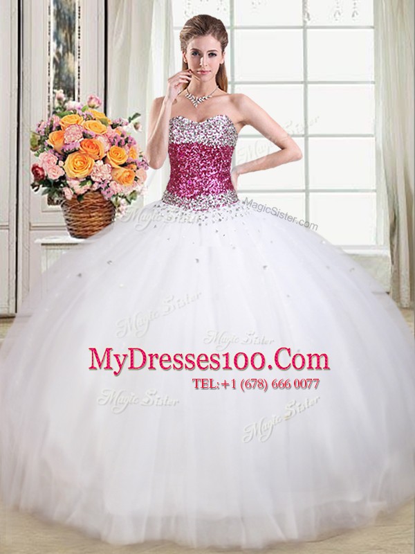 Tulle Sweetheart Sleeveless Lace Up Beading Vestidos de Quinceanera in White