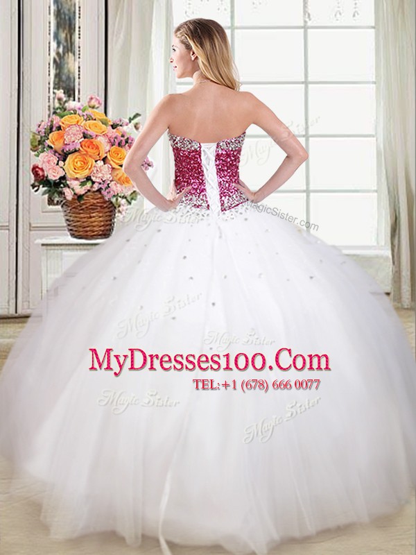 Tulle Sweetheart Sleeveless Lace Up Beading Vestidos de Quinceanera in White