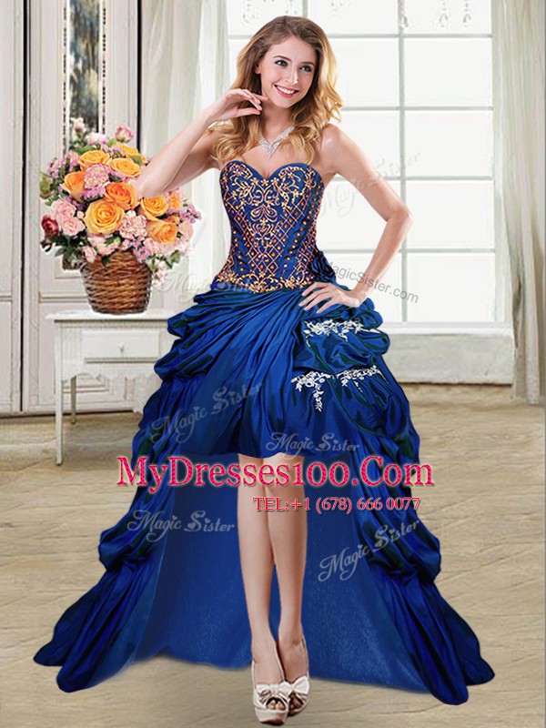 Modern Four Piece Sweetheart Sleeveless Ball Gown Prom Dress Floor Length Beading and Appliques and Pick Ups Royal Blue Taffeta