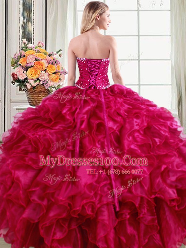 Fuchsia Sleeveless Beading and Ruffles Floor Length 15th Birthday Dress