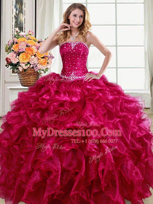 Fuchsia Sleeveless Beading and Ruffles Floor Length 15th Birthday Dress