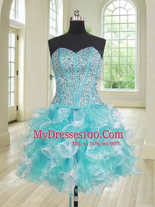 Three Piece Lace Up Ball Gown Prom Dress Blue And White for Military Ball and Sweet 16 and Quinceanera with Beading and Ruffles