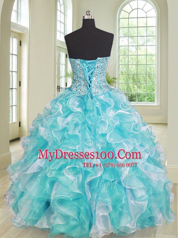 Three Piece Lace Up Ball Gown Prom Dress Blue And White for Military Ball and Sweet 16 and Quinceanera with Beading and Ruffles