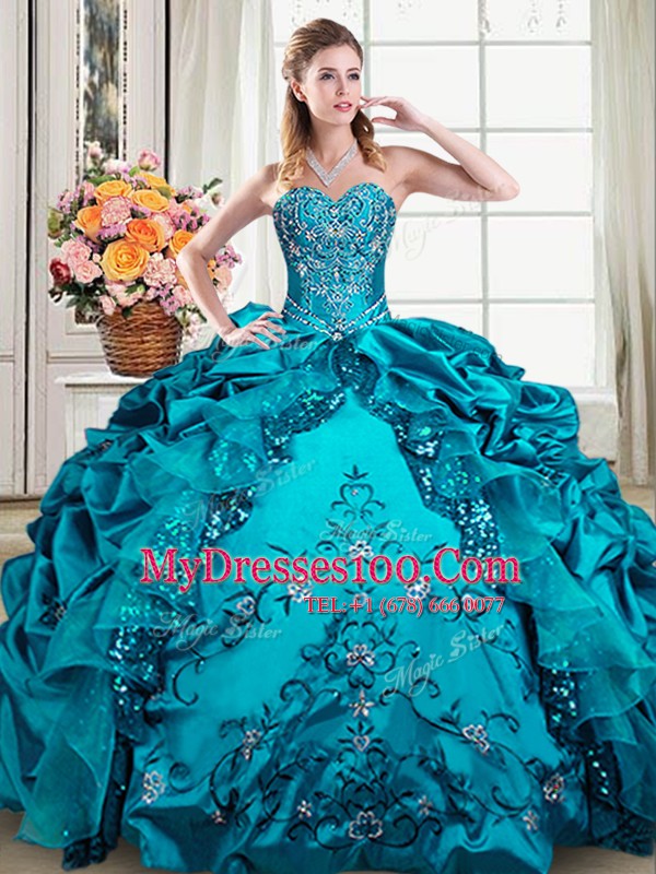 Great Teal Ball Gowns Beading and Embroidery and Pick Ups Ball Gown Prom Dress Lace Up Organza and Taffeta Sleeveless Floor Length
