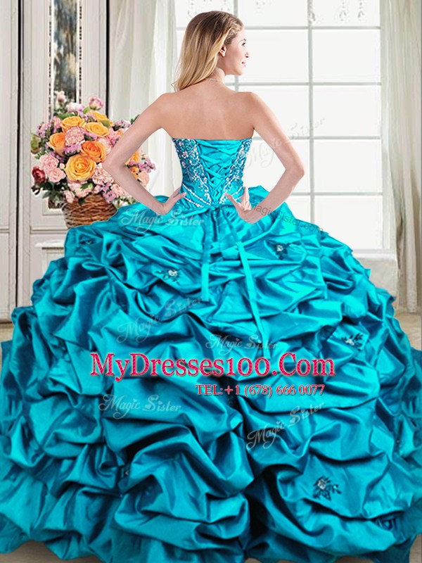 Great Teal Ball Gowns Beading and Embroidery and Pick Ups Ball Gown Prom Dress Lace Up Organza and Taffeta Sleeveless Floor Length