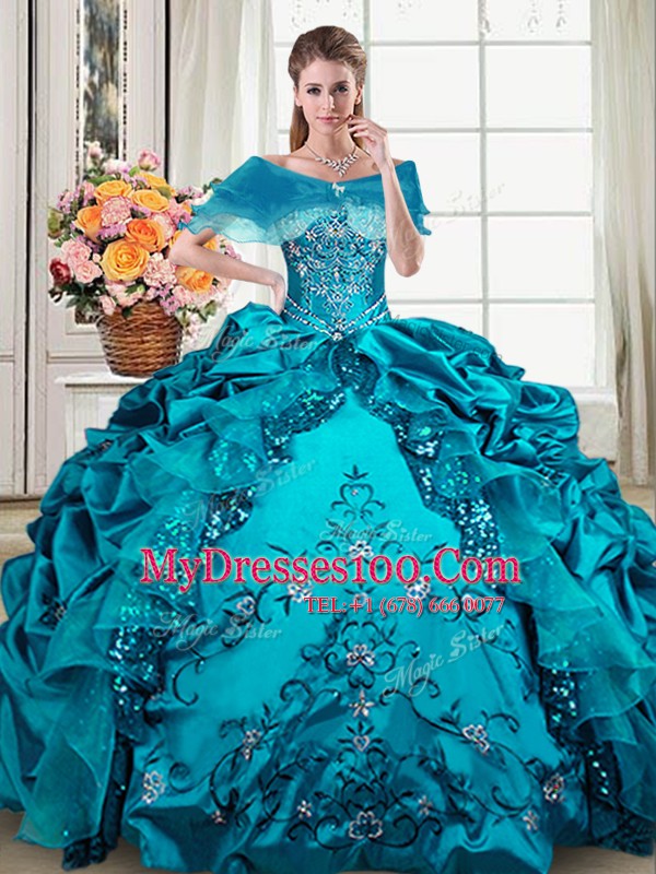 Great Teal Ball Gowns Beading and Embroidery and Pick Ups Ball Gown Prom Dress Lace Up Organza and Taffeta Sleeveless Floor Length