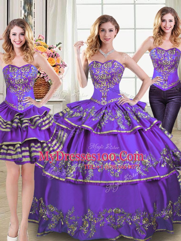 Three Piece Eggplant Purple Taffeta Lace Up Sweetheart Sleeveless Floor Length Quinceanera Gown Embroidery and Ruffled Layers