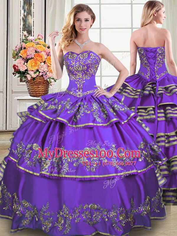 Three Piece Eggplant Purple Taffeta Lace Up Sweetheart Sleeveless Floor Length Quinceanera Gown Embroidery and Ruffled Layers