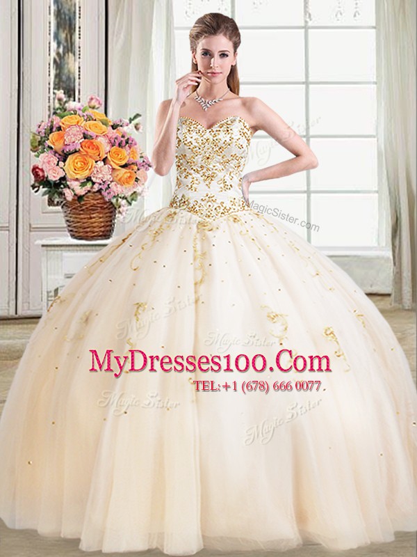 Vintage Champagne Tulle Lace Up Sweetheart Sleeveless Floor Length Quinceanera Dresses Beading