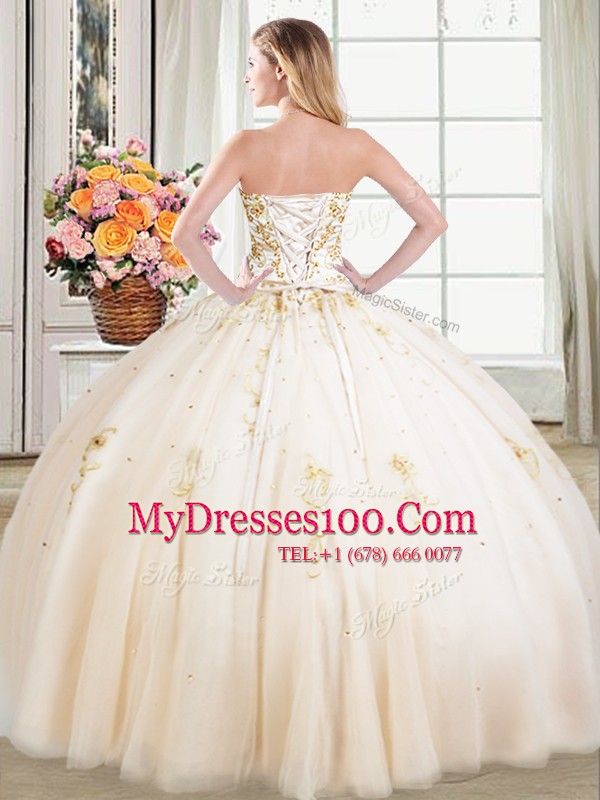 Vintage Champagne Tulle Lace Up Sweetheart Sleeveless Floor Length Quinceanera Dresses Beading