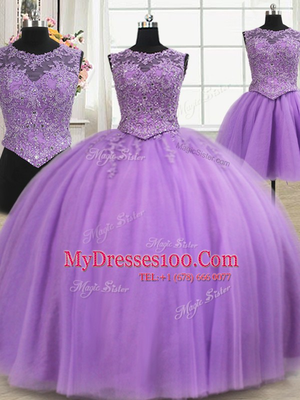 Three Piece Scoop Lilac Sleeveless Floor Length Beading and Appliques Lace Up Sweet 16 Quinceanera Dress