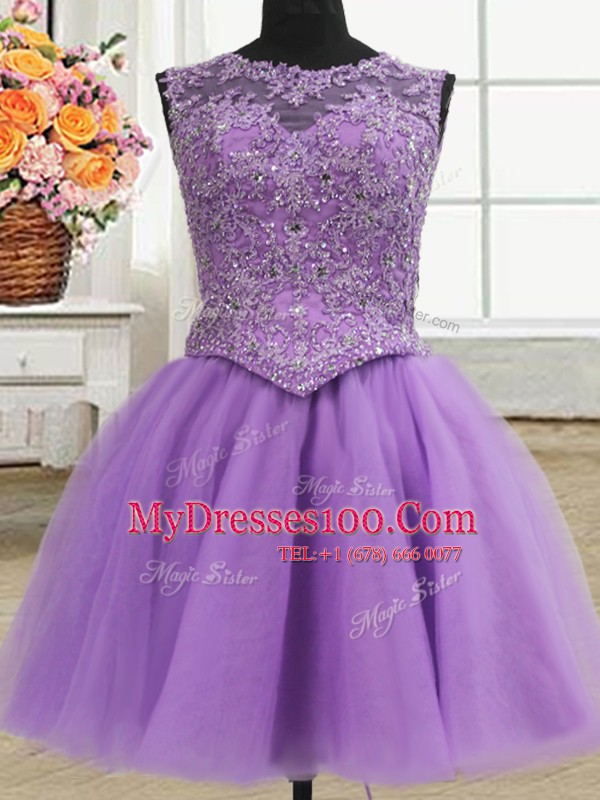 Three Piece Scoop Lilac Sleeveless Floor Length Beading and Appliques Lace Up Sweet 16 Quinceanera Dress