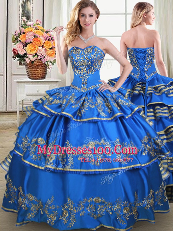 Superior Beading and Embroidery and Ruffled Layers Quinceanera Gowns Blue Lace Up Sleeveless Floor Length